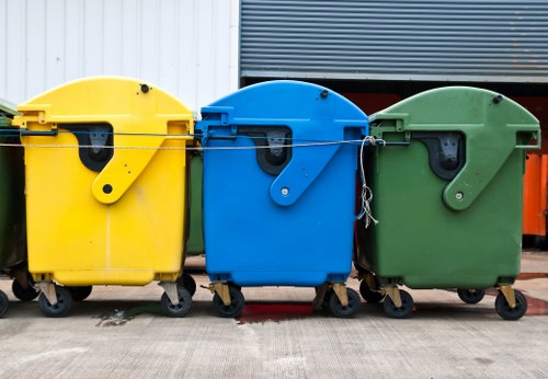 Team member organizing commercial waste bins at a Heston business site